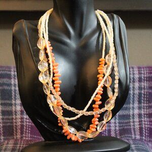 Coral Pink Acrylic and Glass Beaded Multi Strand Necklace